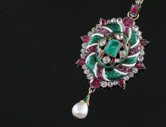 A 19th century gold and silver, emerald, ruby, diamond, two colour enamel and baroque pearl drop oval pendant, overall 6cm.
